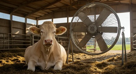 Cow resting in barn with industrial fan interior day scene
