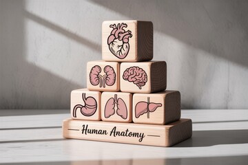 Conceptual representation of human anatomy with illustrated organ icons on wooden blocks, emphasizing health, science, and learning