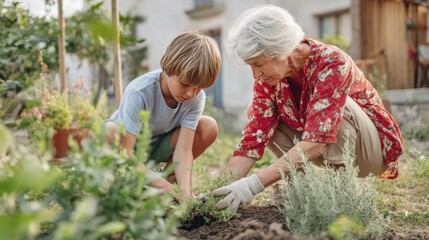 Fototapeta premium Grandmother and grandson gardening together in a lush backyard