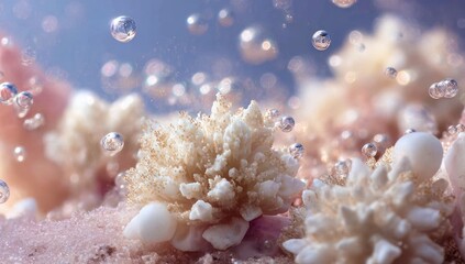 Fototapeta premium Underwater coral reef with rising bubbles and soft lighting.