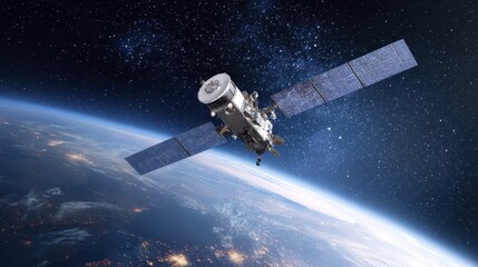 Satellite hovering above earth against starry sky in space