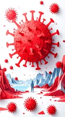 A solitary figure confronts a giant virus in a stylized landscape