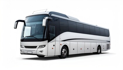 Modern white coach bus with streamlined body, large tinted windows, multiple axles, curved windshield, and aerodynamic mirrors, isolated on light background, long-distance travel and public transporta