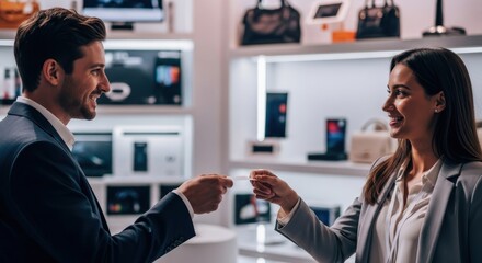 Businesspeople exchanging business card, smiling in store.
