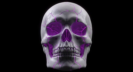 Realistic human skull with vibrant purple eye sockets and detail against black background