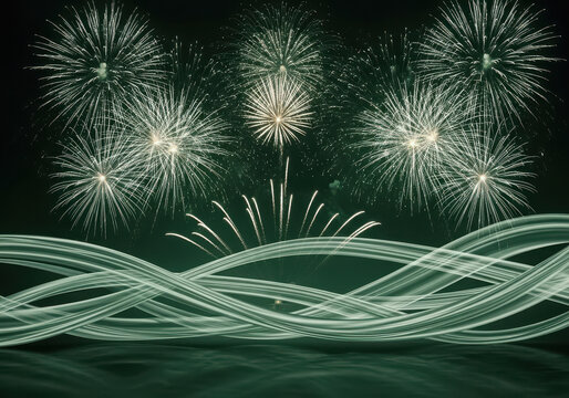 Green fireworks explode in the night sky above glowing waves