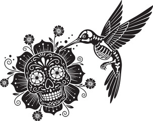 Ornate Sugar Skull Flower with Skeleton Hummingbird Vector Illustration - Day of the Dead Art