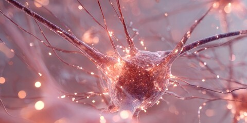 Close-up of a neuron with glowing connections, representing brain activity and neural networks.