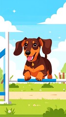 Cartoon dachshund puppy at agility course
