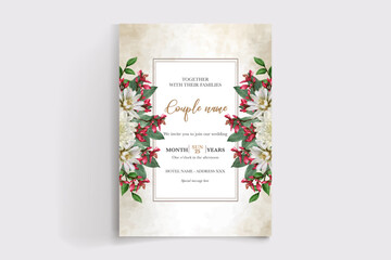 WEDDING INVITATION FRAME WITH FLOWER DECORATIONS AND FRESH LEAVES