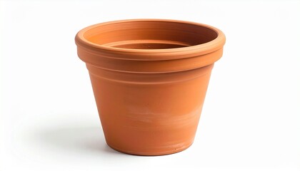 Empty terracotta flower pot with flared rim and scuff marks, reddish-brown color, placed against plain white background, rustic gardening concept.