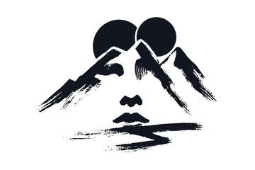 Mountain face surreal landscape brush sketch vector illustration