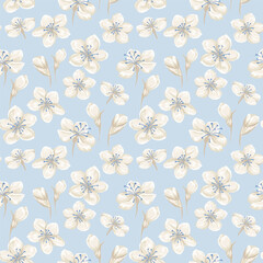 Seamless vector floral pattern with delicate ivory blossoms on a soft blue background. Elegant botanical design for fabric, wallpaper, wrapping, and surface prints