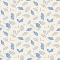 Seamless vector pattern with delicate blue and beige leaves on a light cream background. Template for fabric, wallpaper, stationery, wrapping paper, and modern design projects
