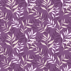 Elegant seamless vector pattern with soft botanical leaves in beige and lilac shades on a purple, violet background. Template for fabric, wallpaper, wrapping, and modern design
