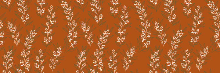 Seamless vector pattern with hand drawn leafy sprigs and floral buds in white and dark olive line art on a warm terracotta background. Template for textiles, packaging, and branding