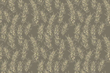 Elegant seamless vector pattern with delicate botanical branches, leaves, and buds in hand drawn linear style. Designs for fabric, wallpaper, packaging, and decor