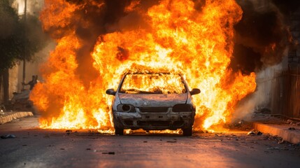 A burning car engulfed in flames amidst smoke, depicting chaos and destruction on a street.