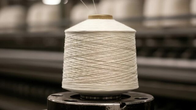 Close up of a large spool of white thread on a metal base in a factory setting with blurred background