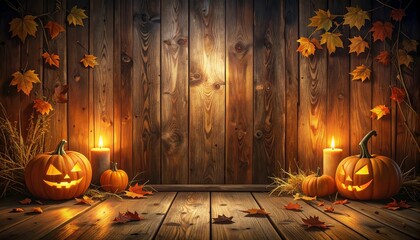 Rustic wooden Halloween background with pumpkins and autumn leaves in candlelight glow