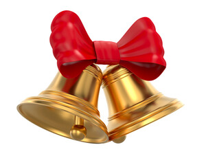 Two golden bells with bow tie on white background. Isolated 3D illustration
