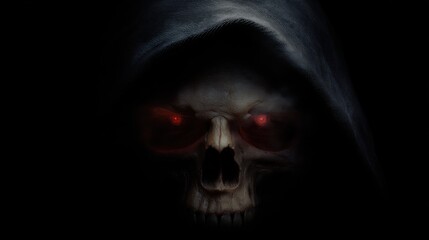 A dark, eerie depiction of a skull cloaked in shadow, featuring glowing red eyes that evoke a sense of fear and mystery.