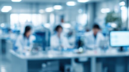 A blurred view of a laboratory environment with individuals in white lab coats working at desks filled with equipment and technology.