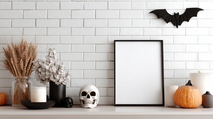 A stylish Halloween-themed shelf display featuring pumpkins, a skull, dried flowers, and a bat decoration against a white brick wall.
