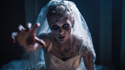 A haunting bride reaches out, her ghostly figure covered in dirt and blood, creating a chilling atmosphere.