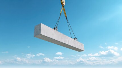 A large concrete slab is suspended in the sky by a crane, surrounded by a bright blue atmosphere with scattered clouds.