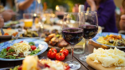 A vibrant outdoor dining scene featuring glasses of red wine, a variety of delicious dishes, and fresh tomatoes, capturing a lively social gathering.