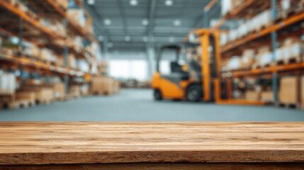 A blurred warehouse interior featuring wooden counter space and a forklift, emphasizing an industrial environment.