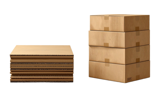 Dual Variation Stacked Brown Cardboard Boxes Collection, Isolated on Transparent Background.