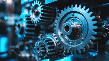 A close-up view of interlocking metal gears, showcasing intricate details and a sleek, industrial appearance with a blue lighting effect.
