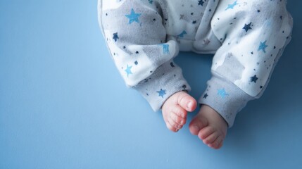 A close-up view of a baby's feet in cozy, star-patterned pajamas against a soft blue background.