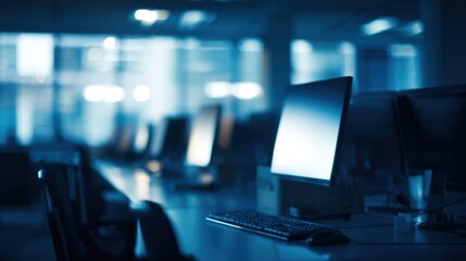 A dimly lit office space with empty desks and monitors, creating a quiet and modern atmosphere.