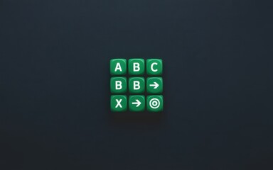 From point A to point B, a strategic concept with green blocks illustrating planning, process, and reaching a target goal