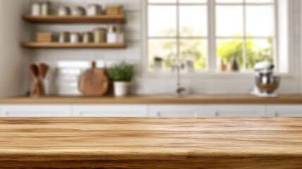 A cozy kitchen scene featuring a wooden countertop, shelves with utensils, and natural light streaming through the windows.