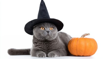 A gray cat wearing a witch hat sits beside a pumpkin, embodying a playful Halloween spirit.