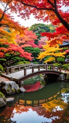Autumnal garden bridge reflection