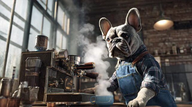 Anthropomorphic French Bulldog barista wearing denim apron operating vintage espresso coffee machine with steam in industrial cafe with large windows

