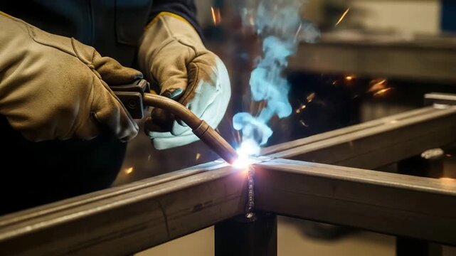 Welder in gloves welding metal frame with sparks and smoke in a workshop environment close up view