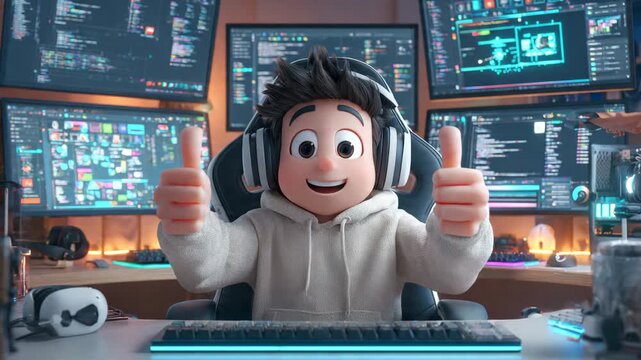 Excited cartoon 3D character gamer with headphones celebrating victory with thumbs up in modern gaming setup room with multiple monitors displaying code

