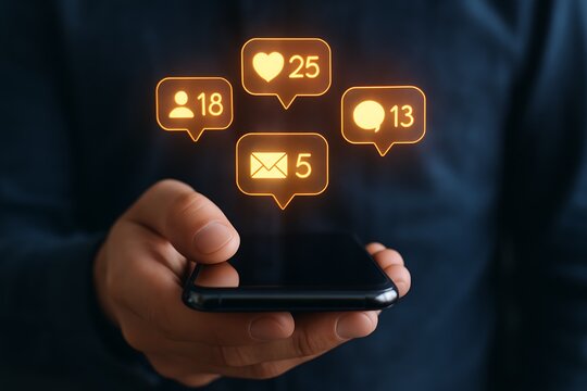 Social Media Notifications on Smartphone with Glowing Icons
