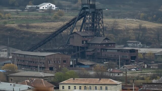 Industrial mining complex with tower and buildings in a rural landscape.