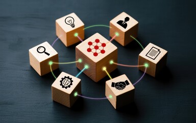 Strategic business integration concept with a central technology hub linking various departments and operational icons