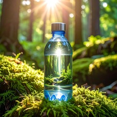 Bottle in forest, sunlit reflection