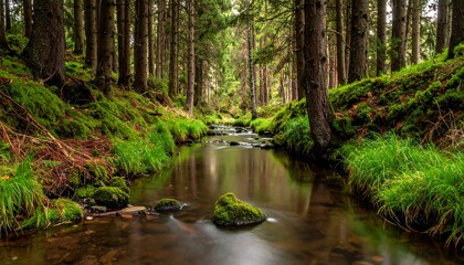 Obraz premium Forest stream, moss-covered banks