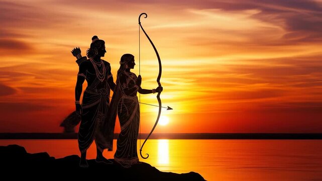 Silhouette of Lord Rama and Sita at Sunset Celebrating Diwali and Victory Over Evil for Navami Vivah Panchami Dusshera 
