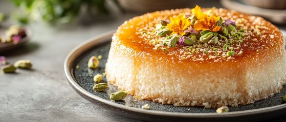 Elegant flan dessert garnished with pistachios, edible flowers, and gold leaf, showcasing culinary artistry and gourmet presentation on a dark plate